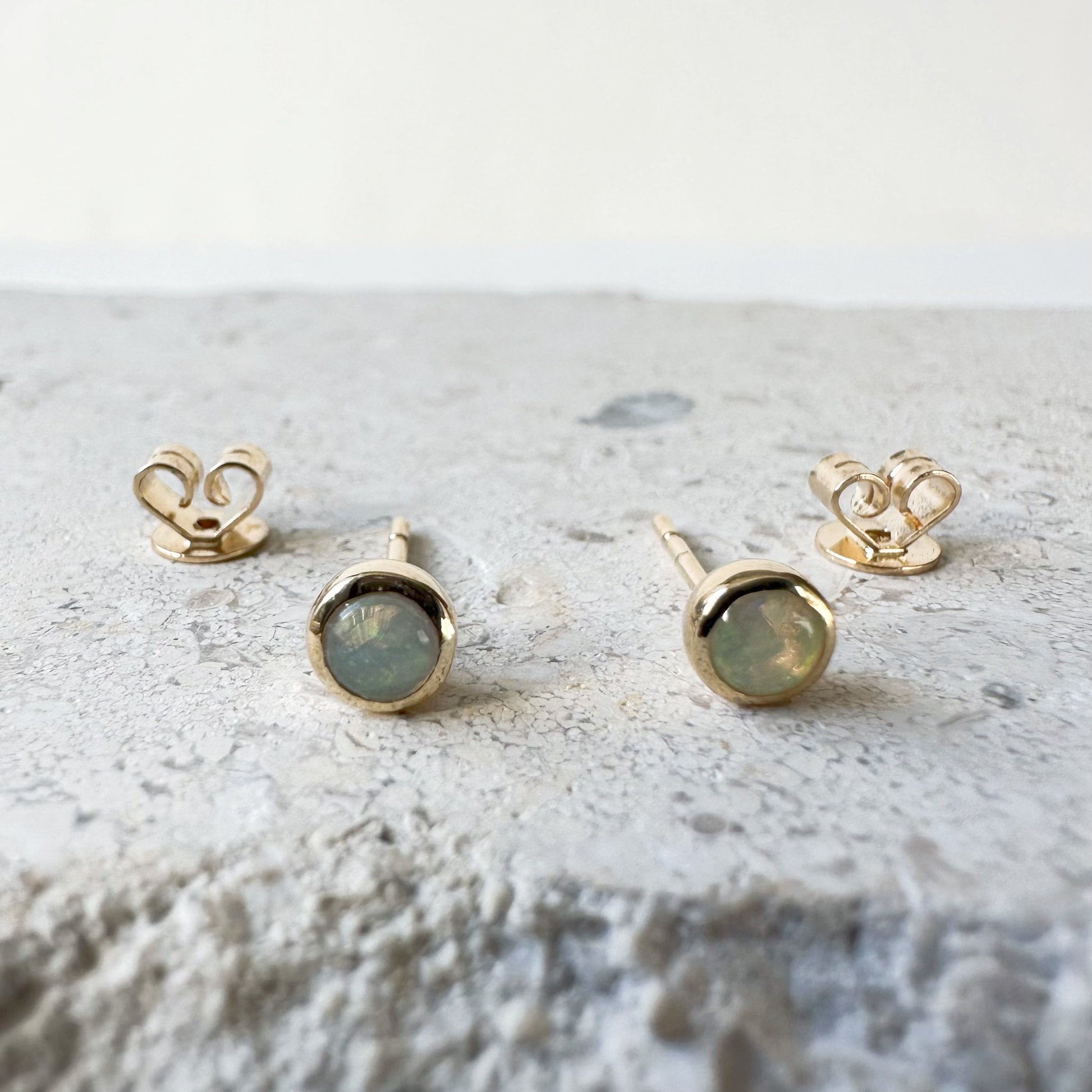14K Solid Gold Genuine Opal Bezel Studs/Pair