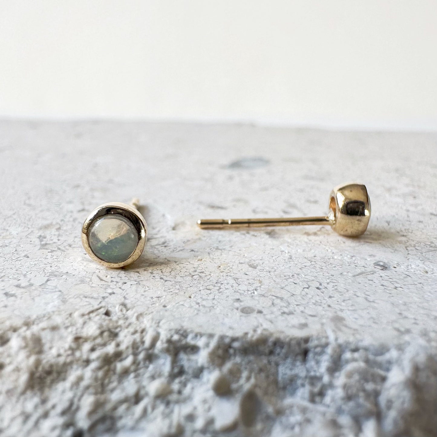 14K Solid Gold Genuine Opal Bezel Studs/Pair