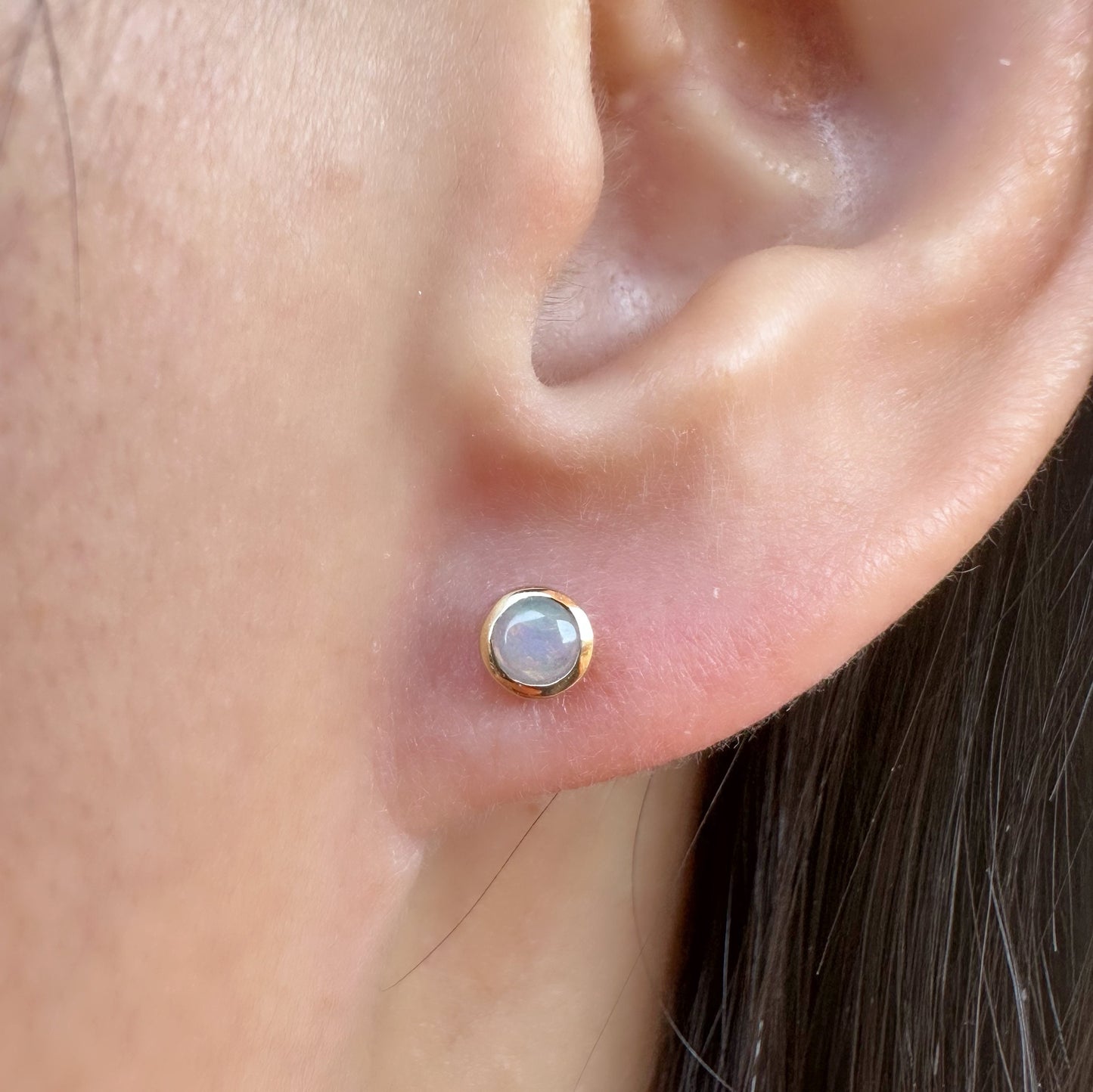 14K Solid Gold Genuine Opal Bezel Studs/Pair