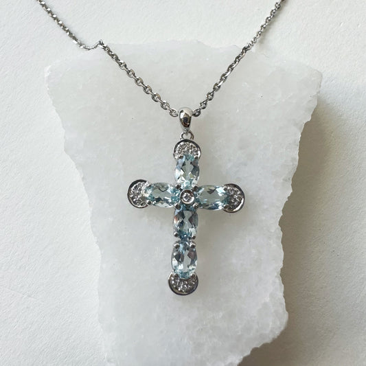 14K Solid Gold Genuine Aquamarine and Diamond Cross Pendant (pendant only)