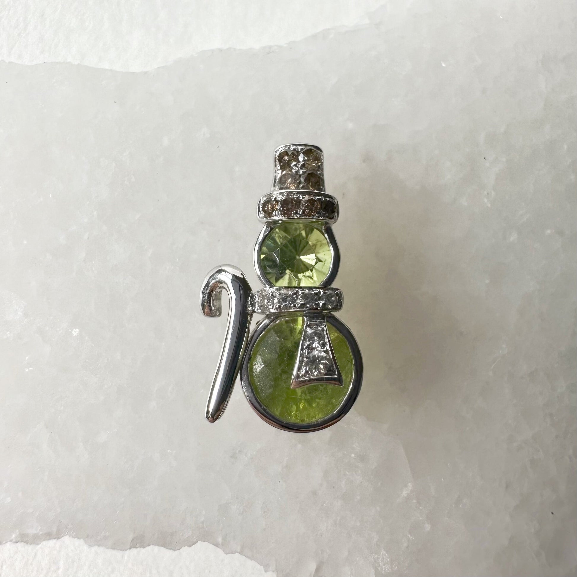 18K Solid Gold Genuine Peridot and Diamond Snowman Pendant (pendant only)
