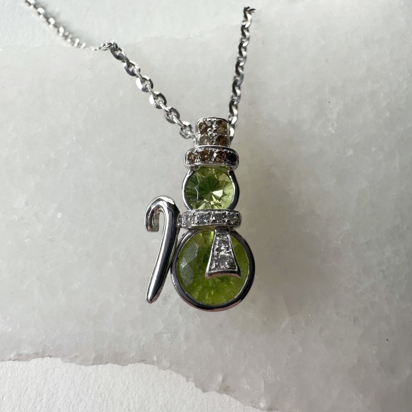 18K Solid Gold Genuine Peridot and Diamond Snowman Pendant (pendant only)