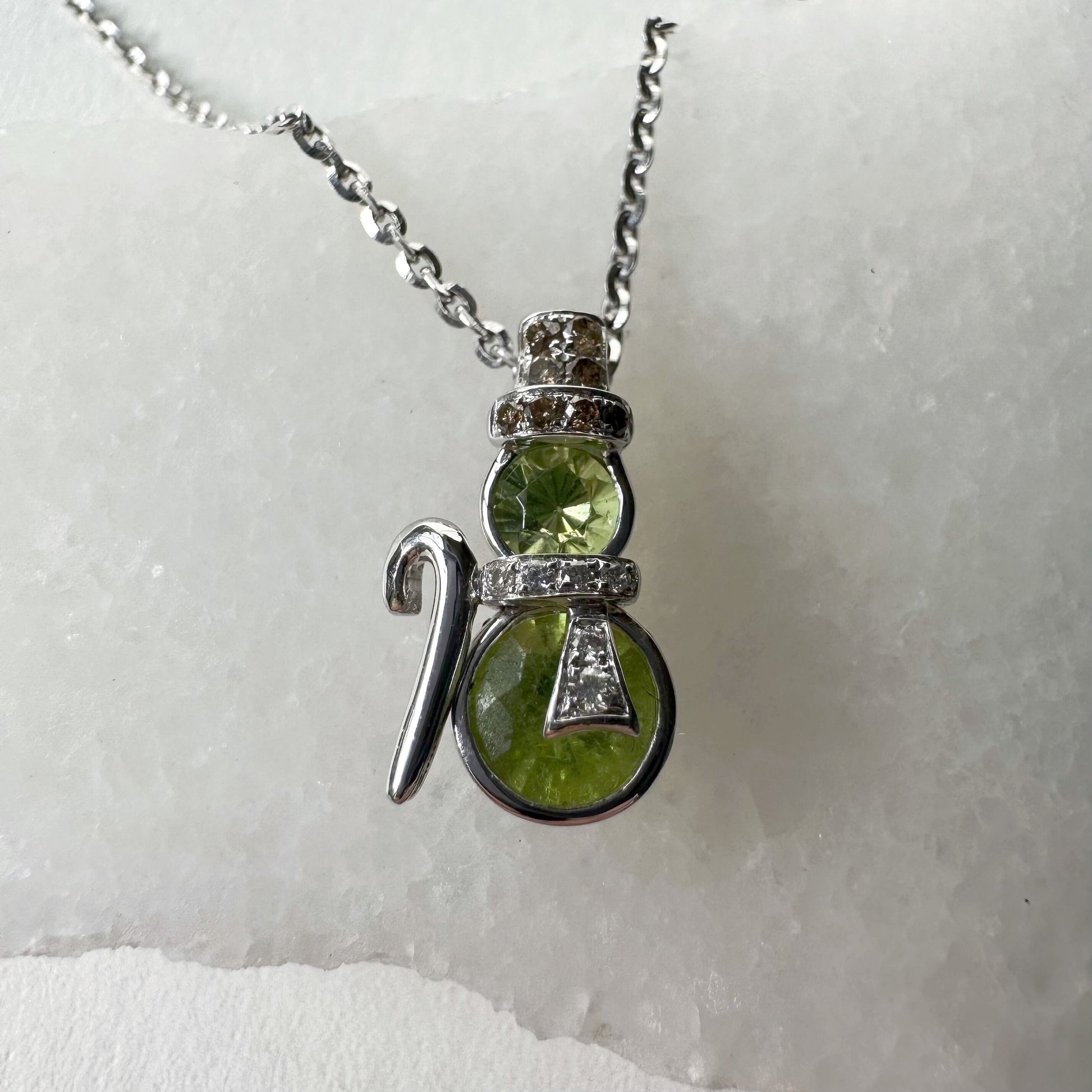 18K Solid Gold Genuine Peridot and Diamond Snowman Pendant (pendant only)