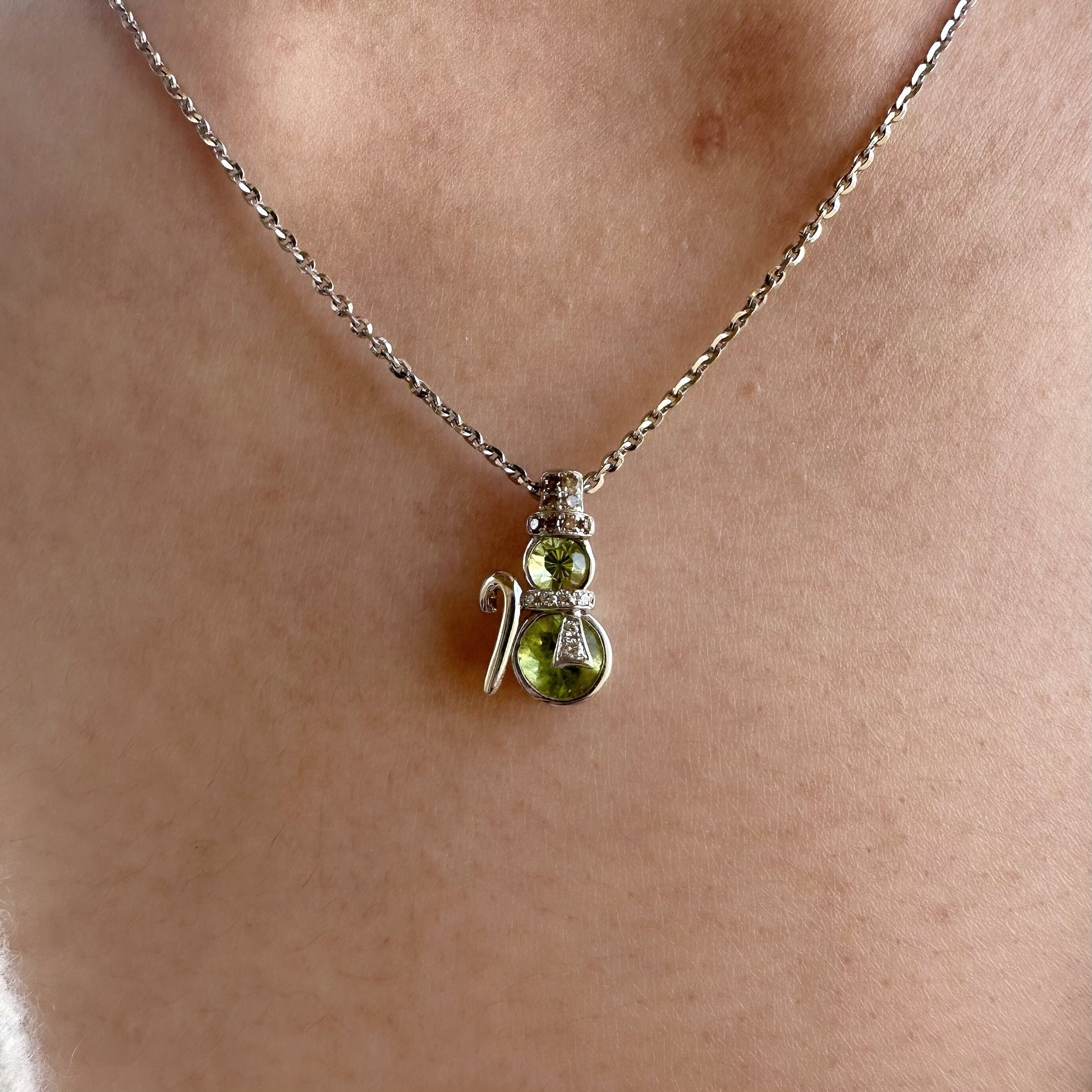 18K Solid Gold Genuine Peridot and Diamond Snowman Pendant (pendant only)