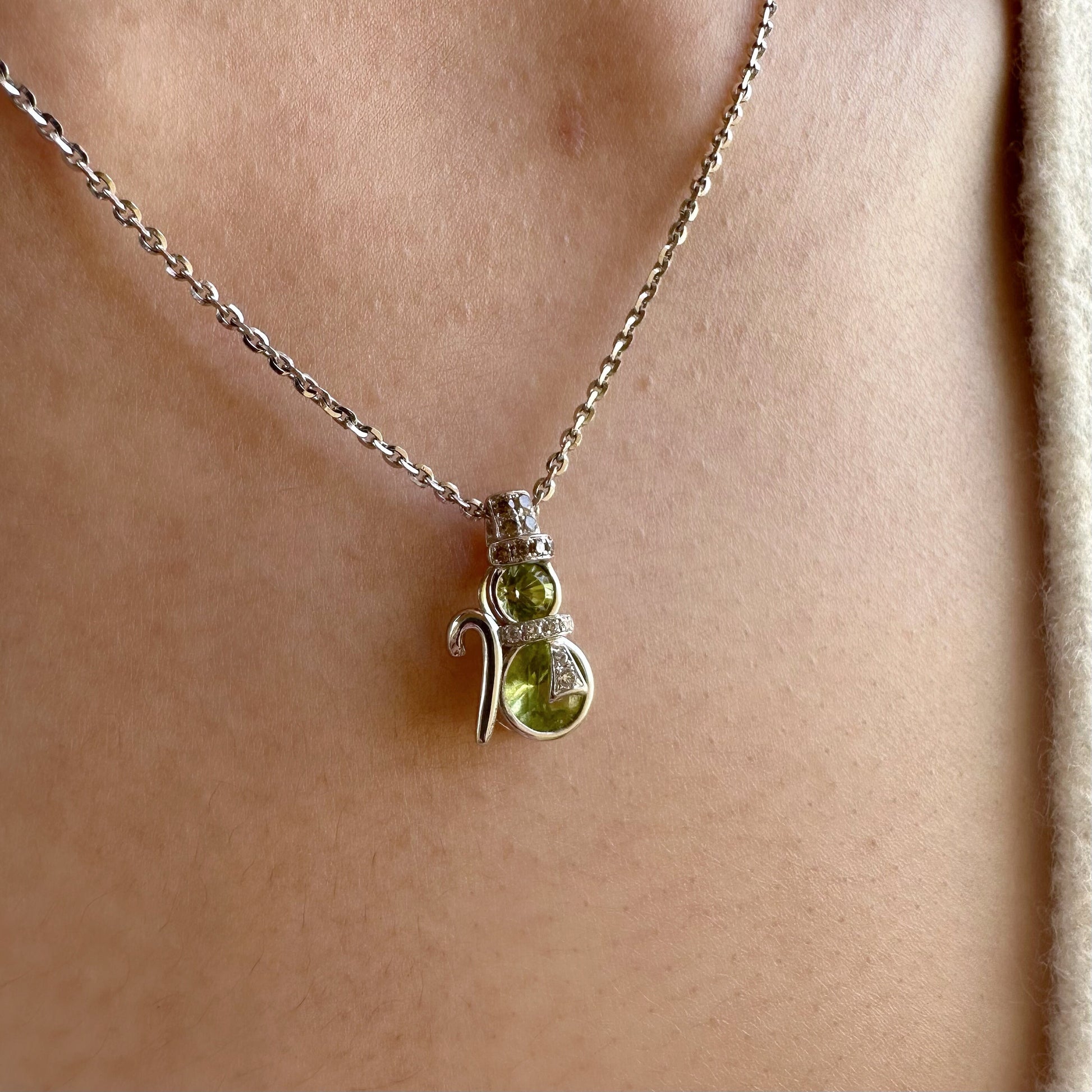 18K Solid Gold Genuine Peridot and Diamond Snowman Pendant (pendant only)