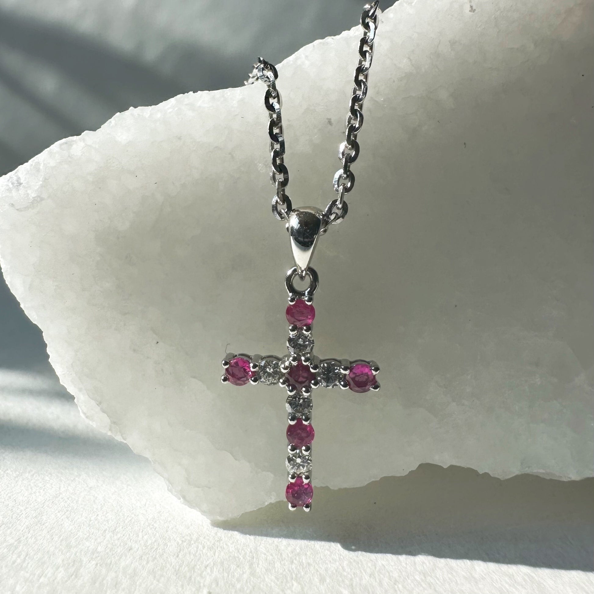 14K Solid Gold Genuine Ruby and Diamond Cross Pendant (pendant only)