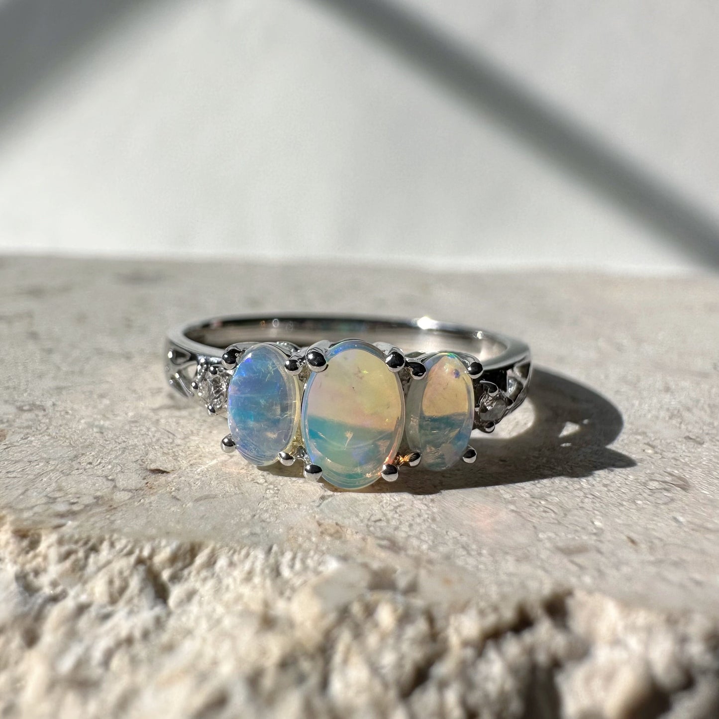 14K Solid Gold Genuine Opal and Diamond Ring