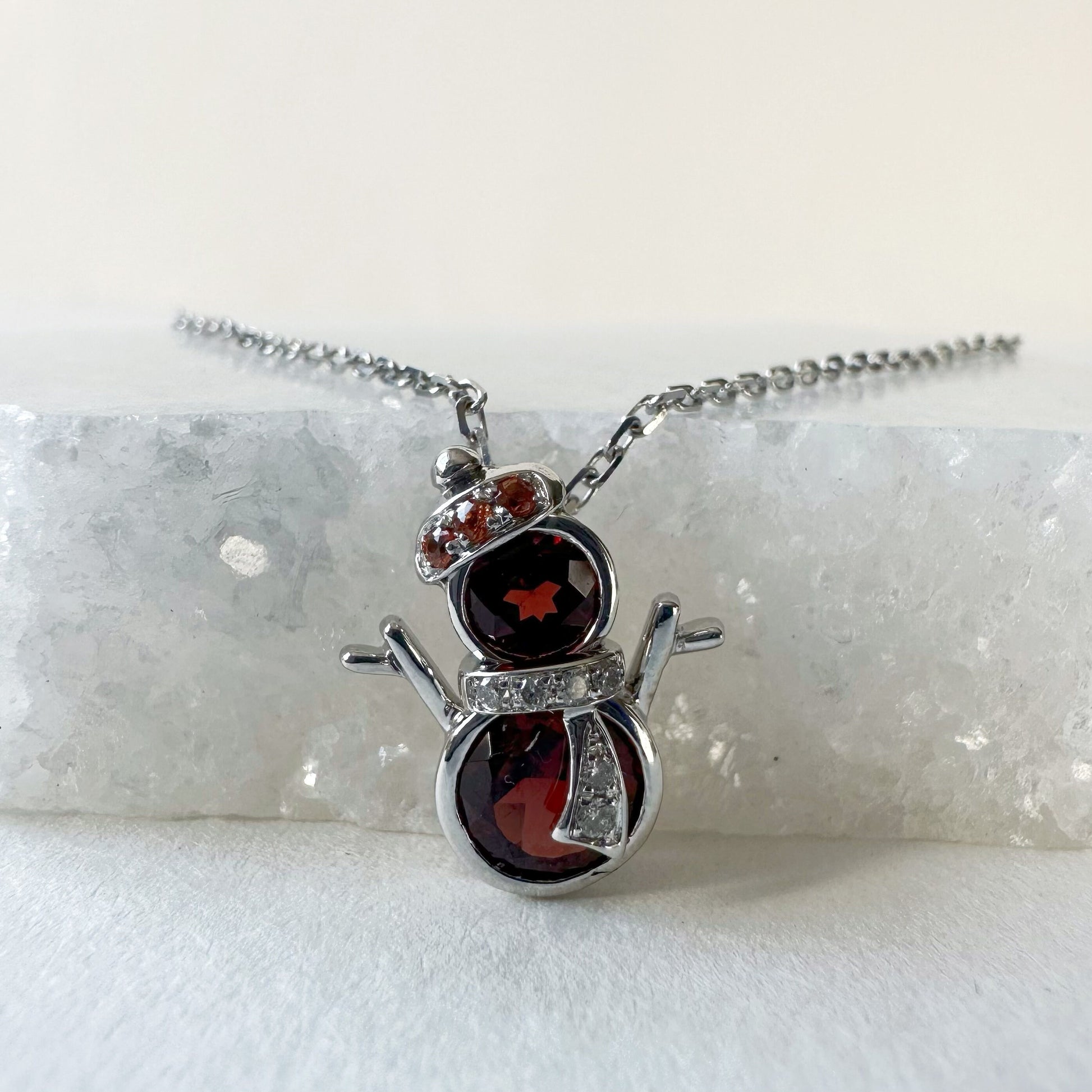 14K Solid Gold Genuine Garnet, Orange Sapphire and Diamond Snowman Pendant (pendant only)