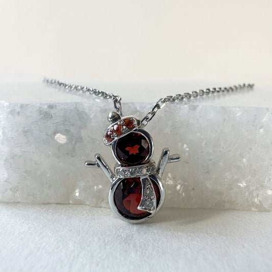 14K Solid Gold Genuine Garnet, Orange Sapphire and Diamond Snowman Pendant (pendant only)