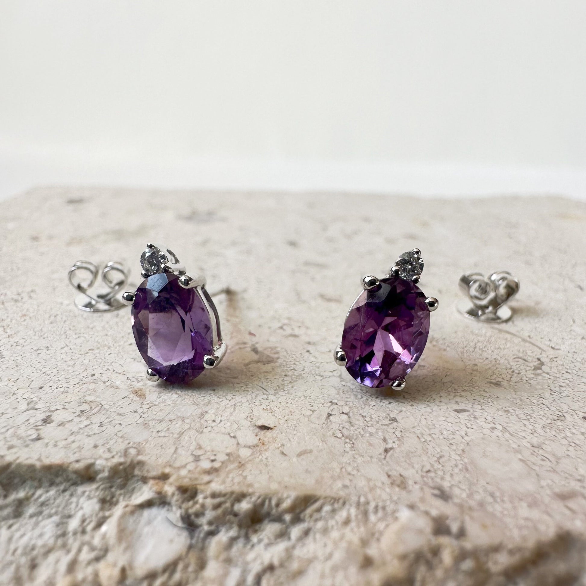 14K Solid Gold Genuine Amethyst and Diamond Studs/Pair