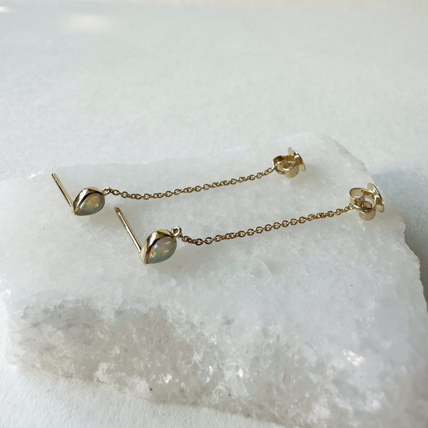 14K Solid Gold Genuine Teardrop Opal Chain Earrings/Pair