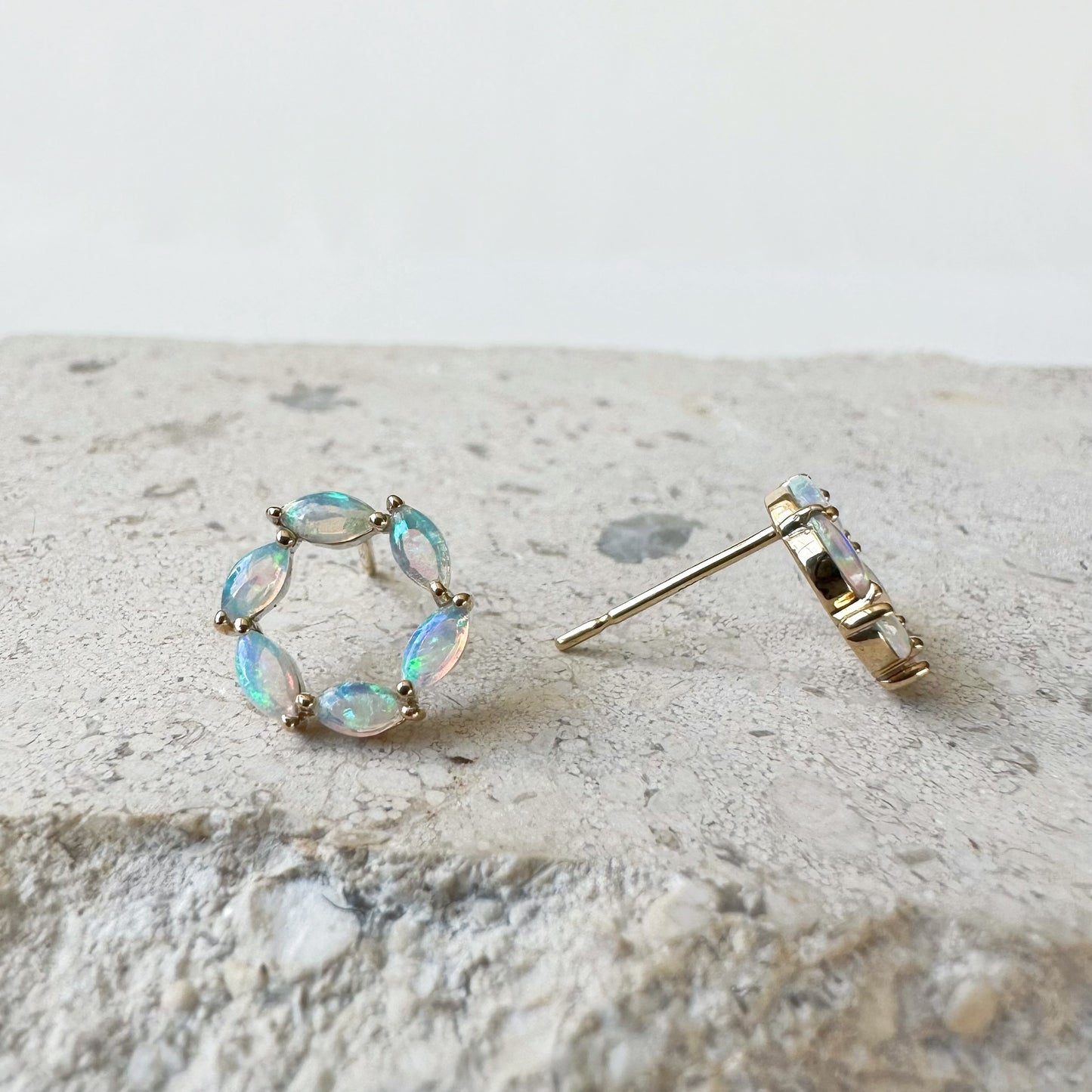 14K Solid Gold Genuine Opal Circle Studs/Pair