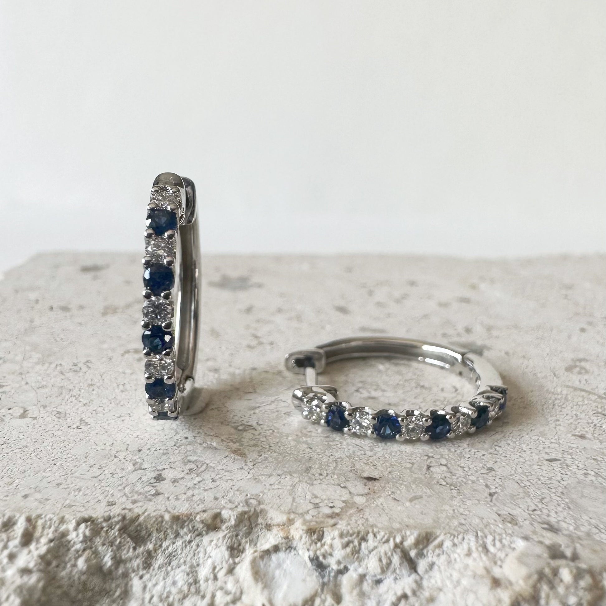 14K Solid White Gold Diamond and Sapphire/Ruby/Emerald Hoop/Pair