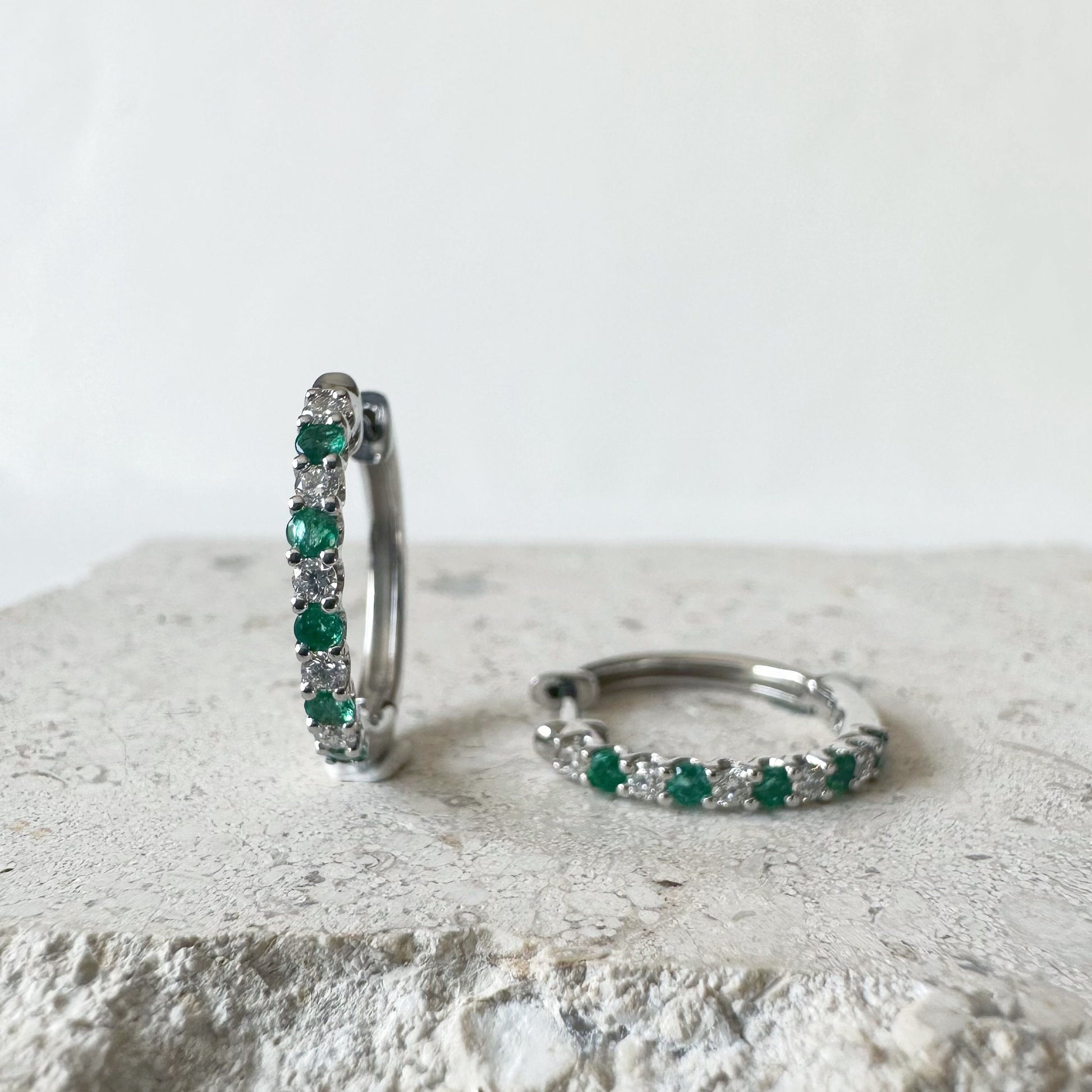 14K Solid White Gold Diamond and Sapphire/Ruby/Emerald Hoop/Pair