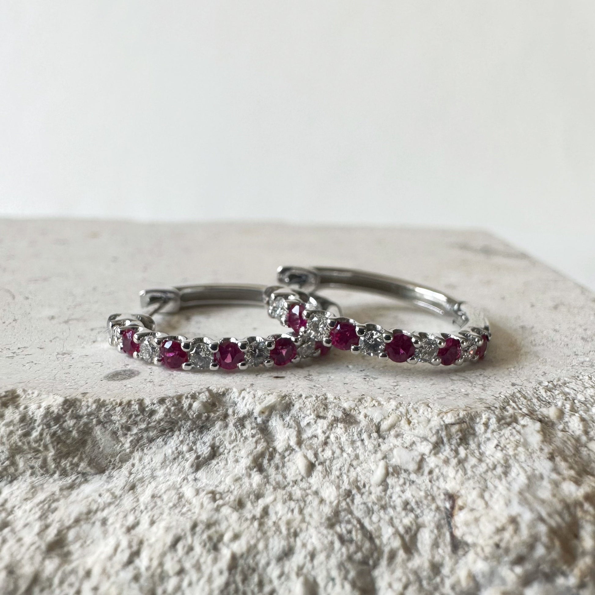 14K Solid White Gold Diamond and Sapphire/Ruby/Emerald Hoop/Pair