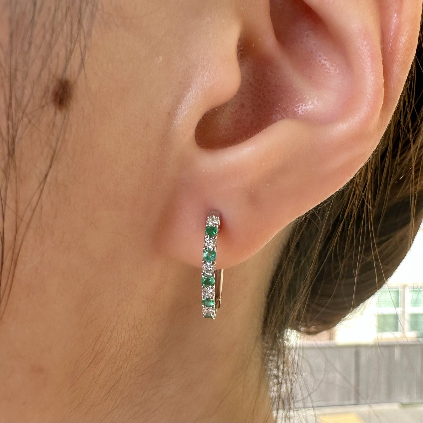 14K Solid White Gold Diamond and Sapphire/Ruby/Emerald Hoop/Pair