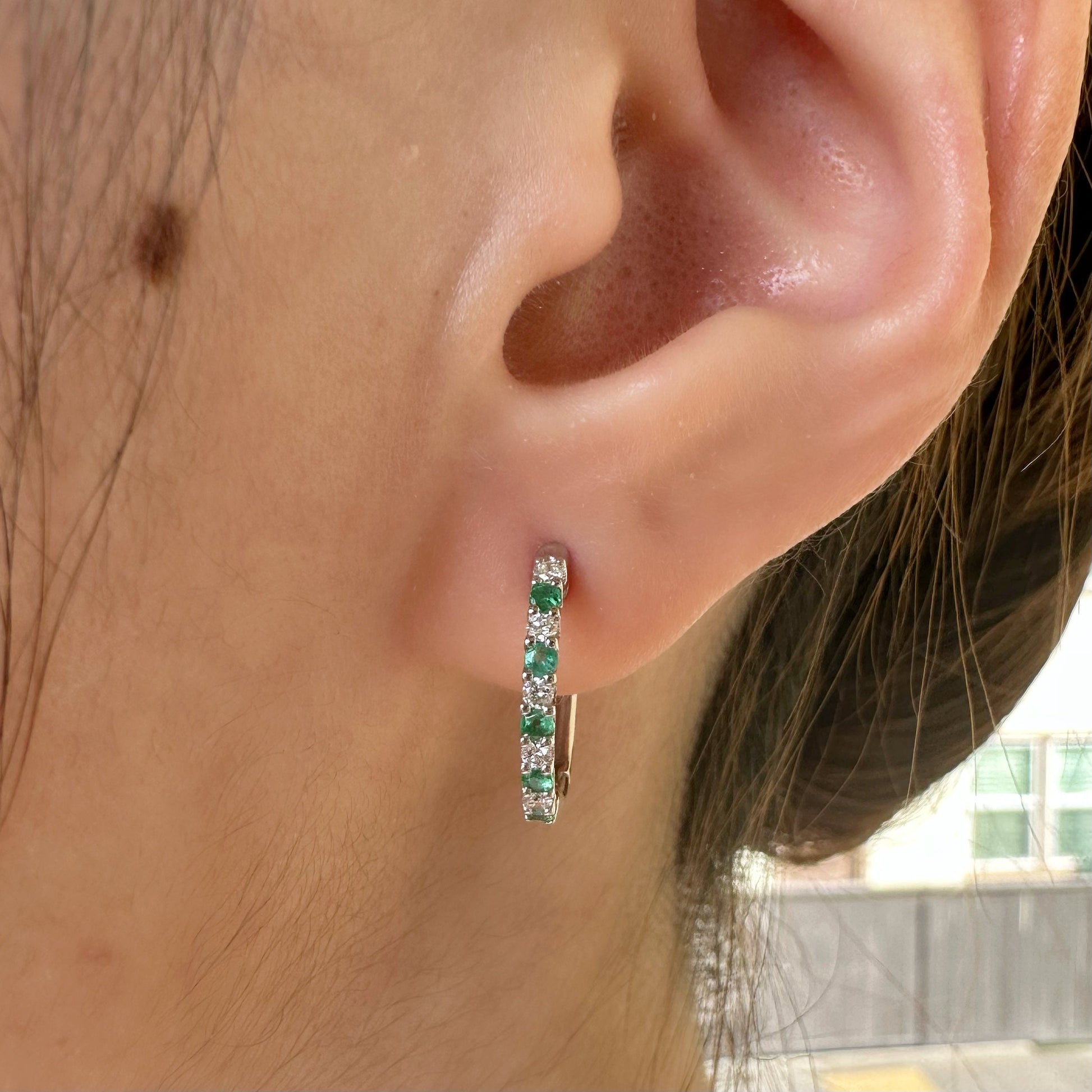 14K Solid White Gold Diamond and Sapphire/Ruby/Emerald Hoop/Pair