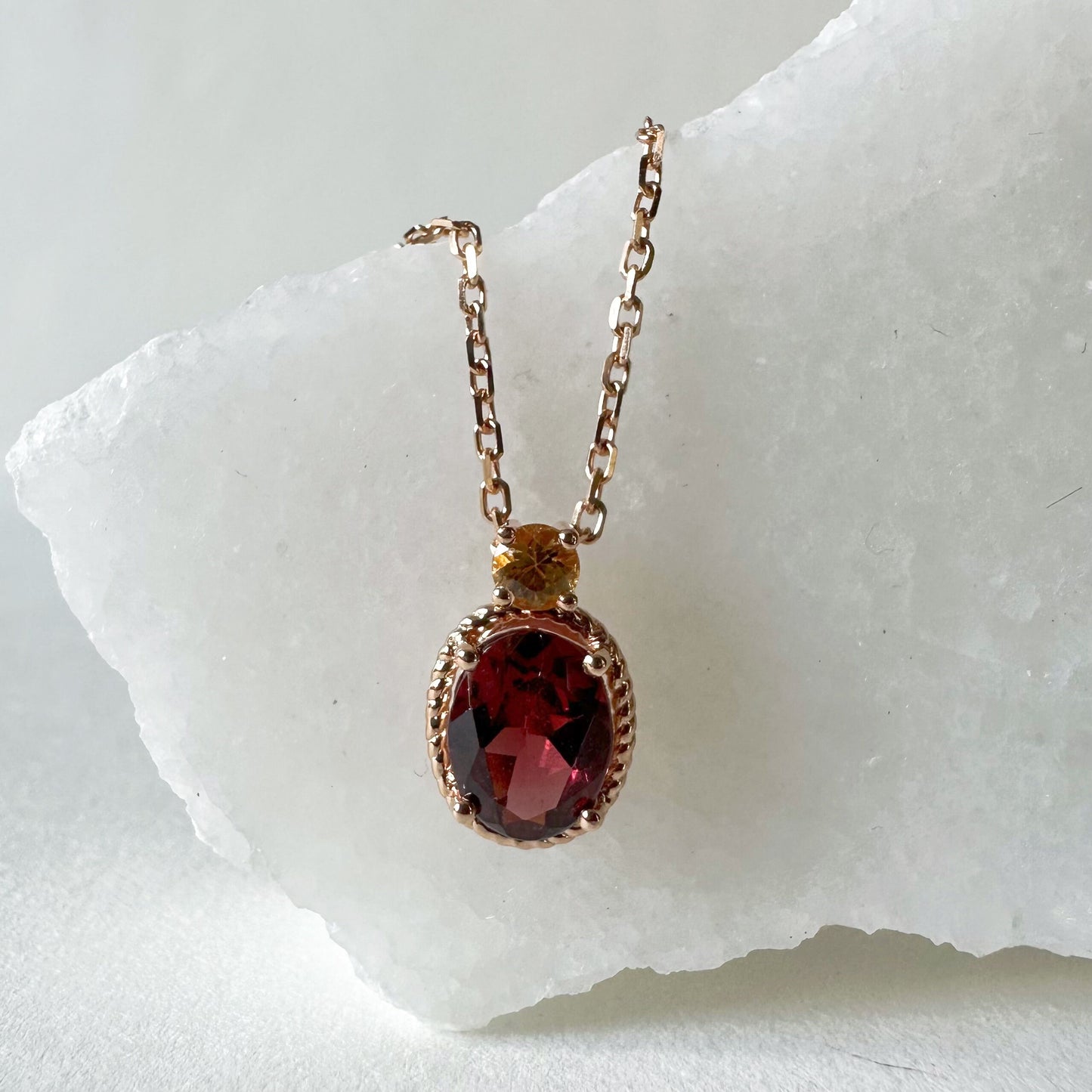 18K Solid Rose Gold Garnet and Orange Sapphire Necklace