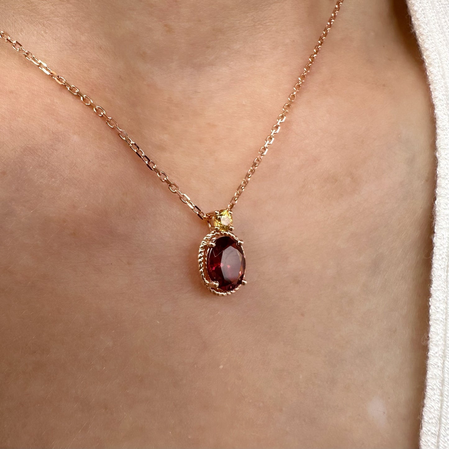 18K Solid Rose Gold Garnet and Orange Sapphire Necklace