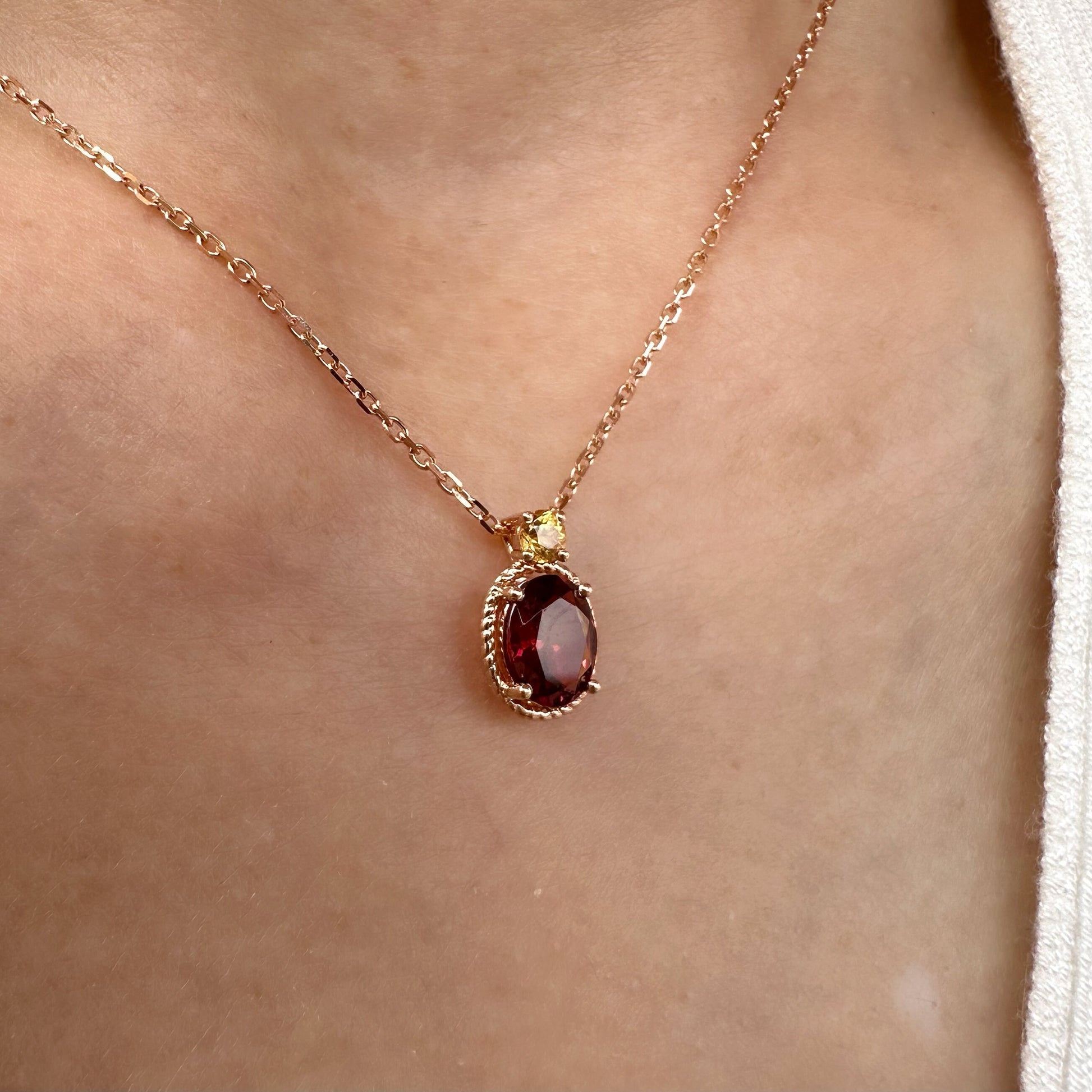 18K Solid Rose Gold Garnet and Orange Sapphire Necklace