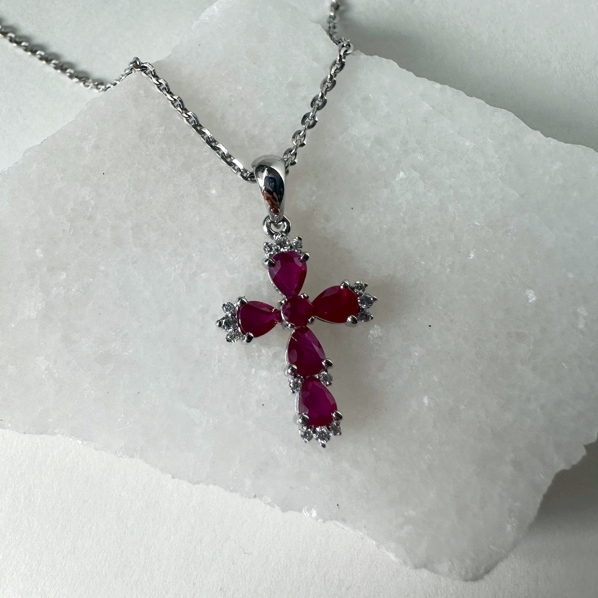 14K Solid Gold Genuine Ruby and Diamond Cross Pendant (pendant only)