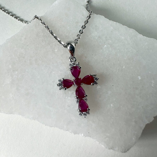 14K Solid Gold Genuine Ruby and Diamond Cross Pendant (pendant only)