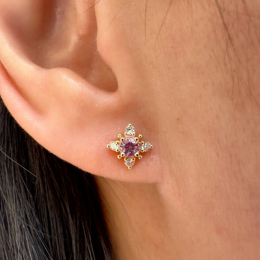 14K Solid Gold Pink Sapphire and Diamond Star Studs/Pair