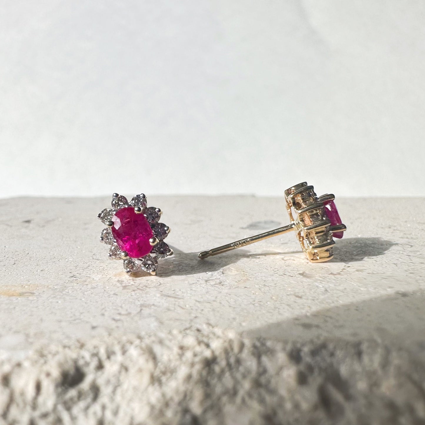 14K Solid Gold Genuine Ruby and Diamond Halo Studs/Pair