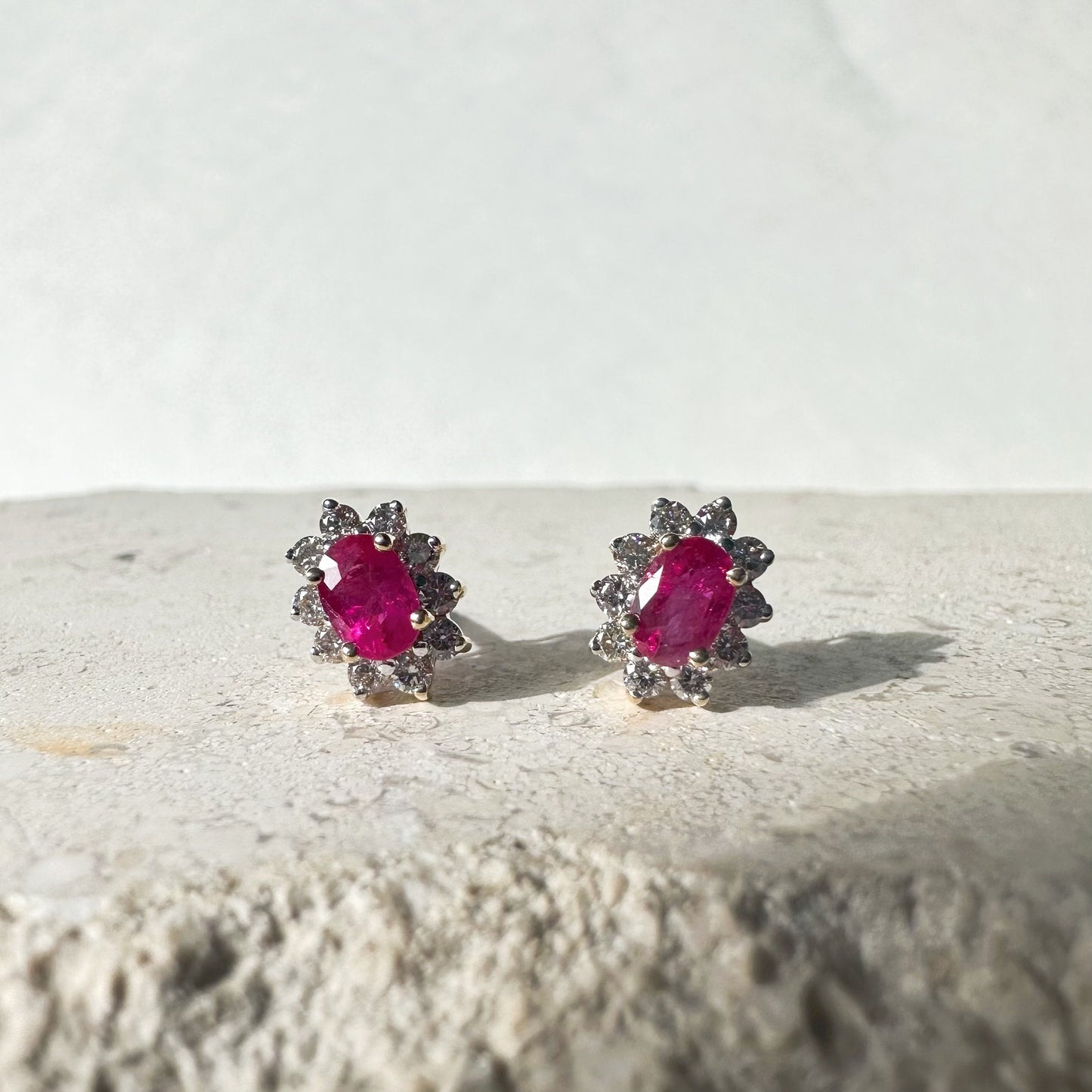 14K Solid Gold Genuine Ruby and Diamond Halo Studs/Pair