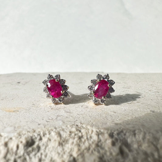 14K Solid Gold Genuine Ruby and Diamond Halo Studs/Pair