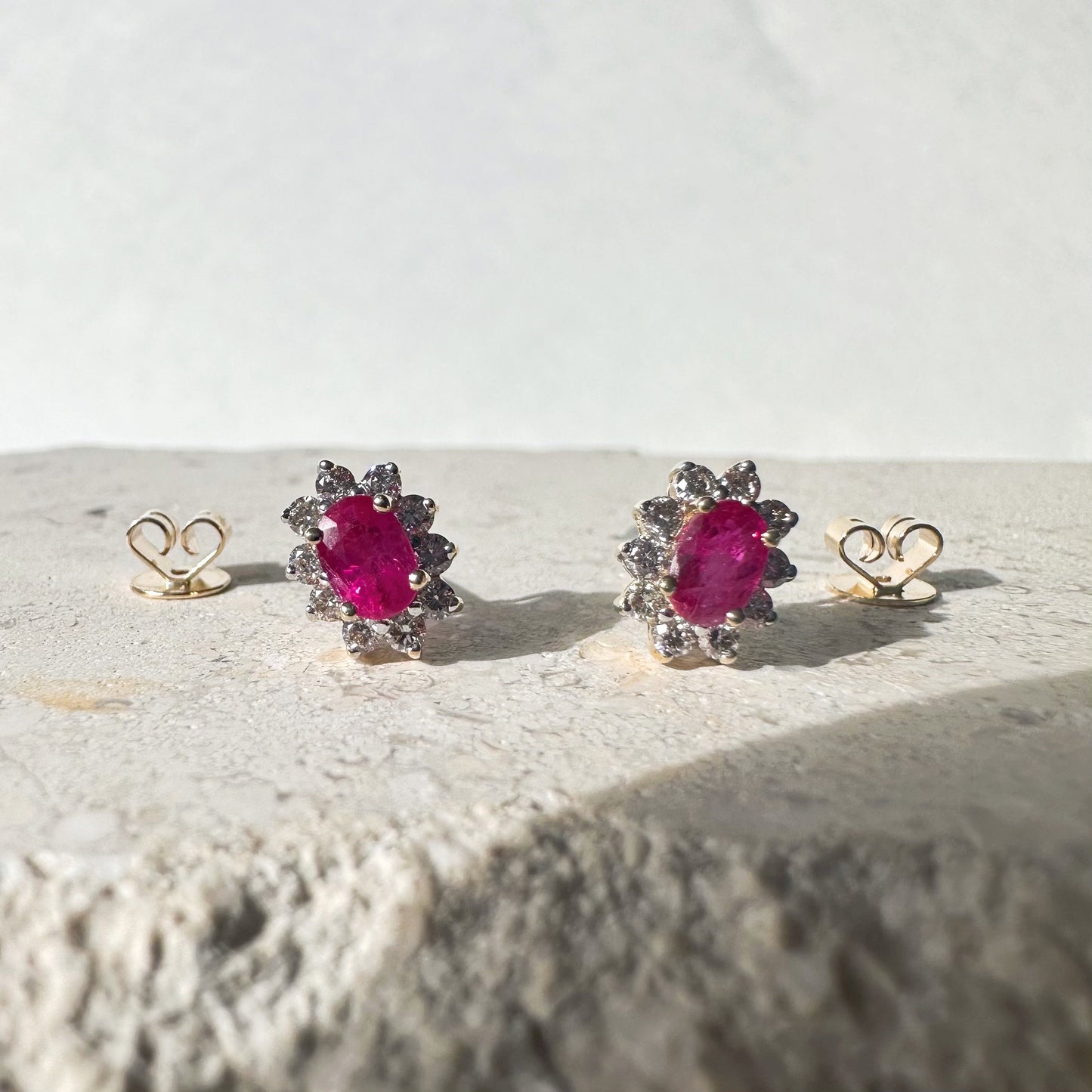 14K Solid Gold Genuine Ruby and Diamond Halo Studs/Pair