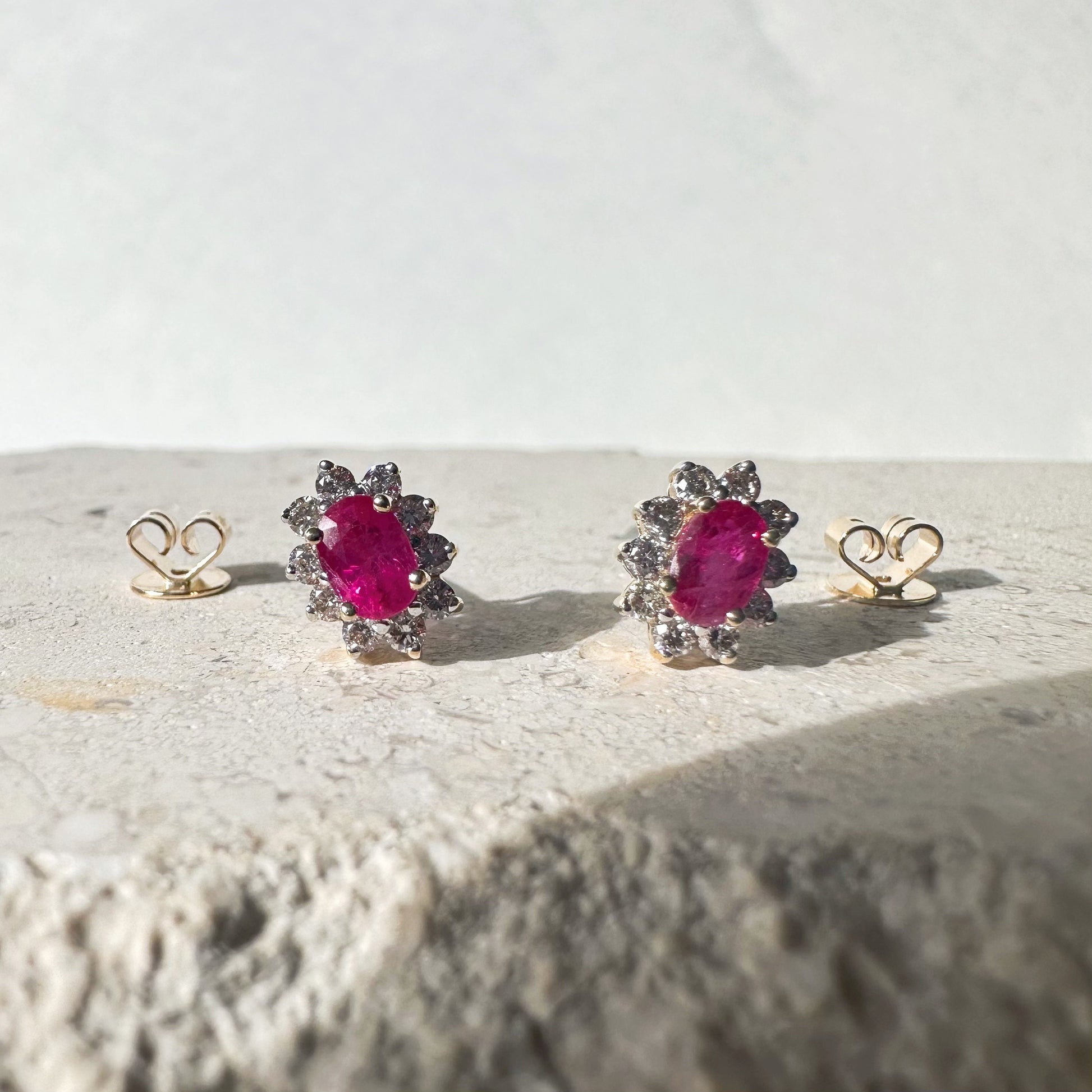 14K Solid Gold Genuine Ruby and Diamond Halo Studs/Pair