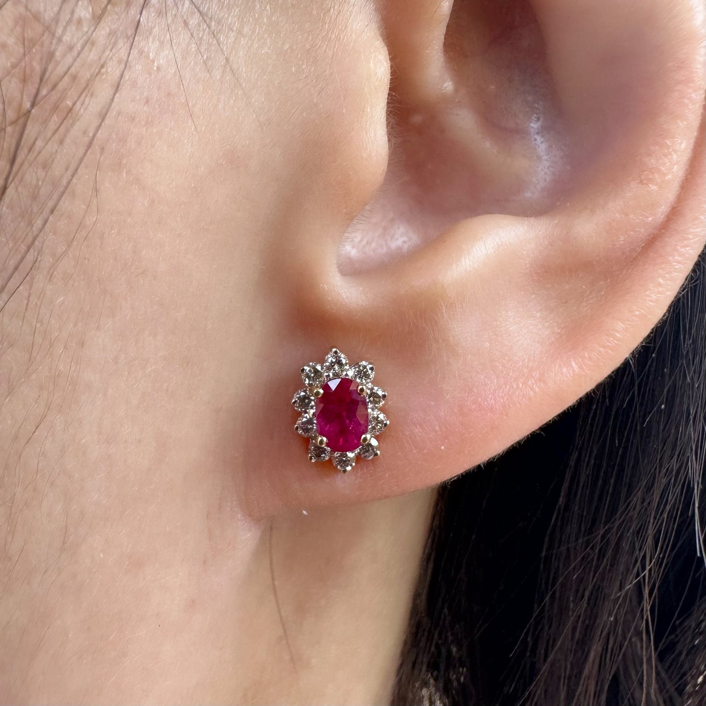 14K Solid Gold Genuine Ruby and Diamond Halo Studs/Pair