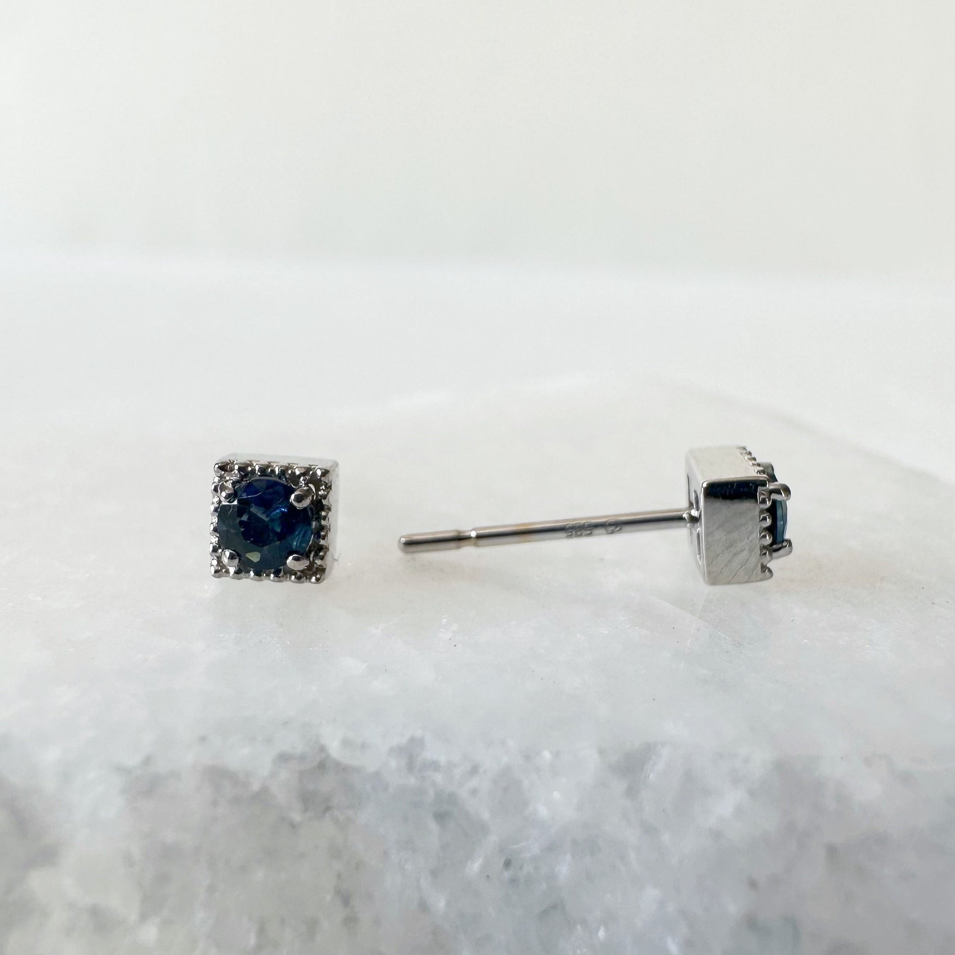 14K Solid Gold Genuine 4mm Sapphire Fancy Square Studs/Pair