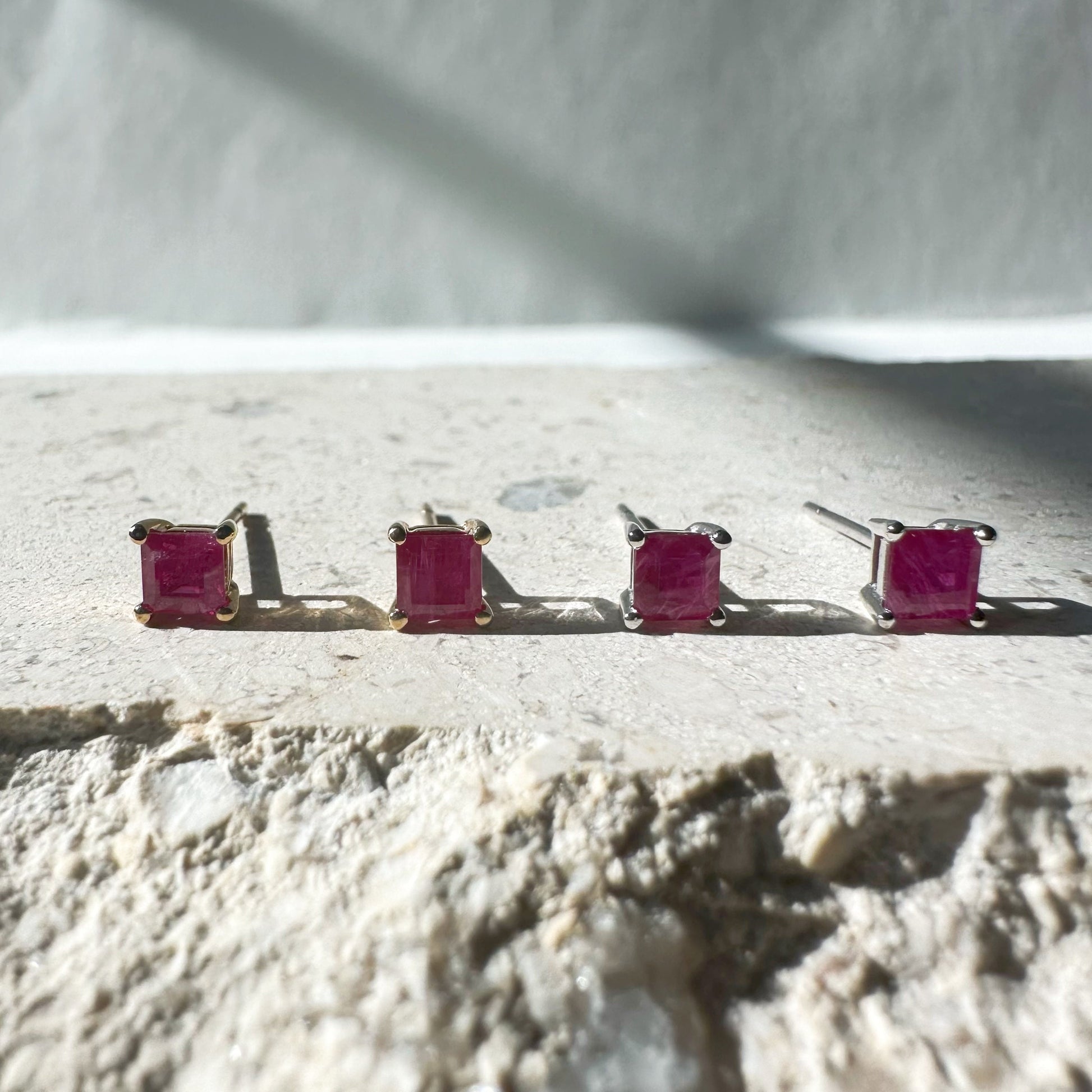 14K Solid Gold Genuine 4mm Ruby Square Studs/Pair