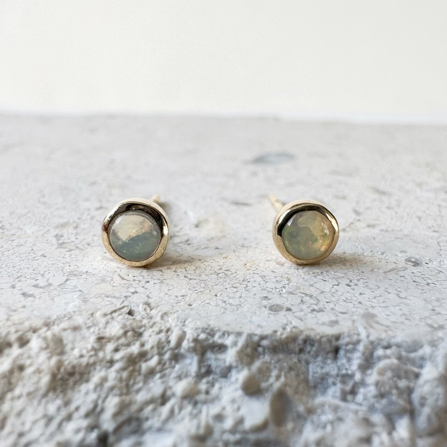 14K Solid Gold Genuine Opal Bezel Studs/Pair