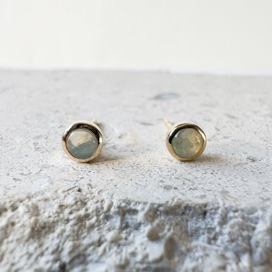 14K Solid Gold Genuine Opal Bezel Studs/Pair