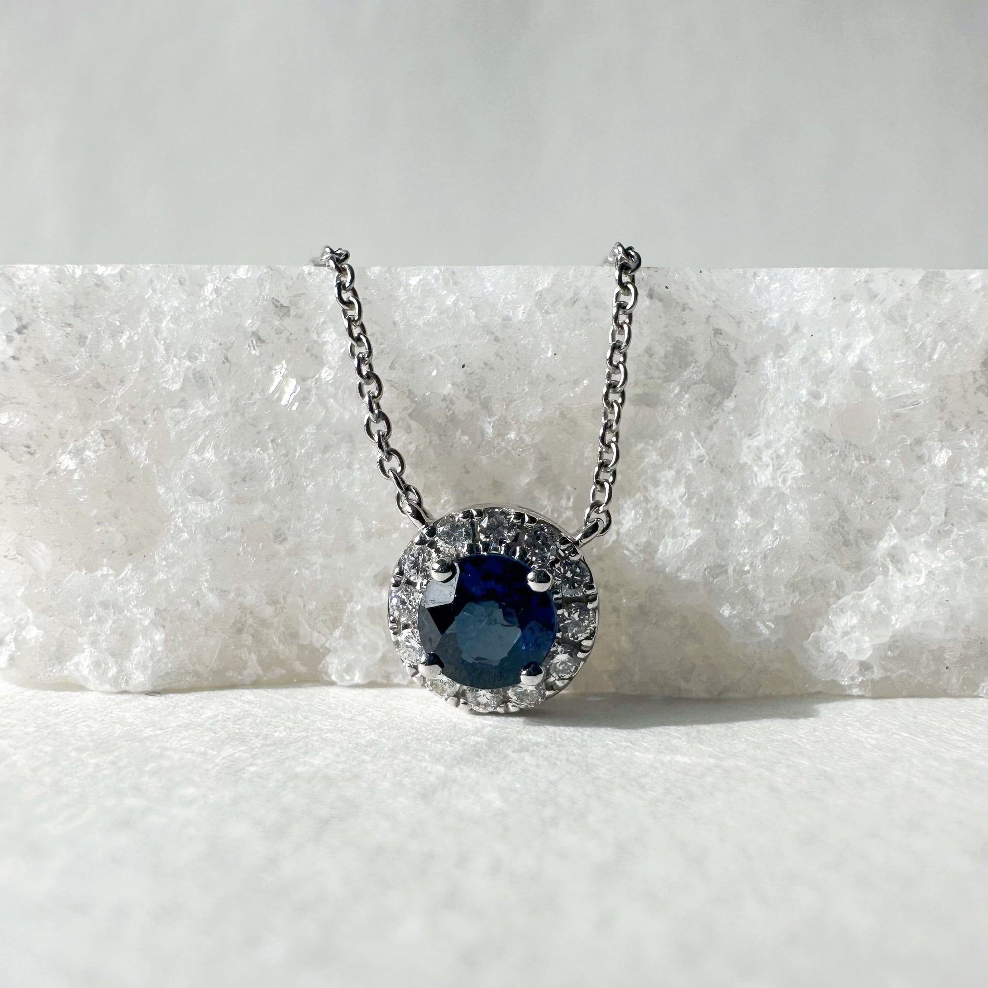 14K Solid Gold Genuine Sapphire and Diamond Halo Necklace
