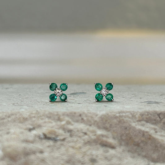 14K Solid Gold Emerald Flower Studs