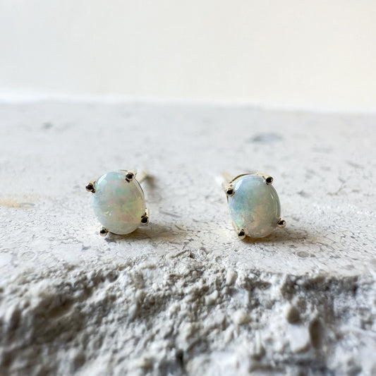 14K Solid Gold Genuine Opal Oval Studs/Pair