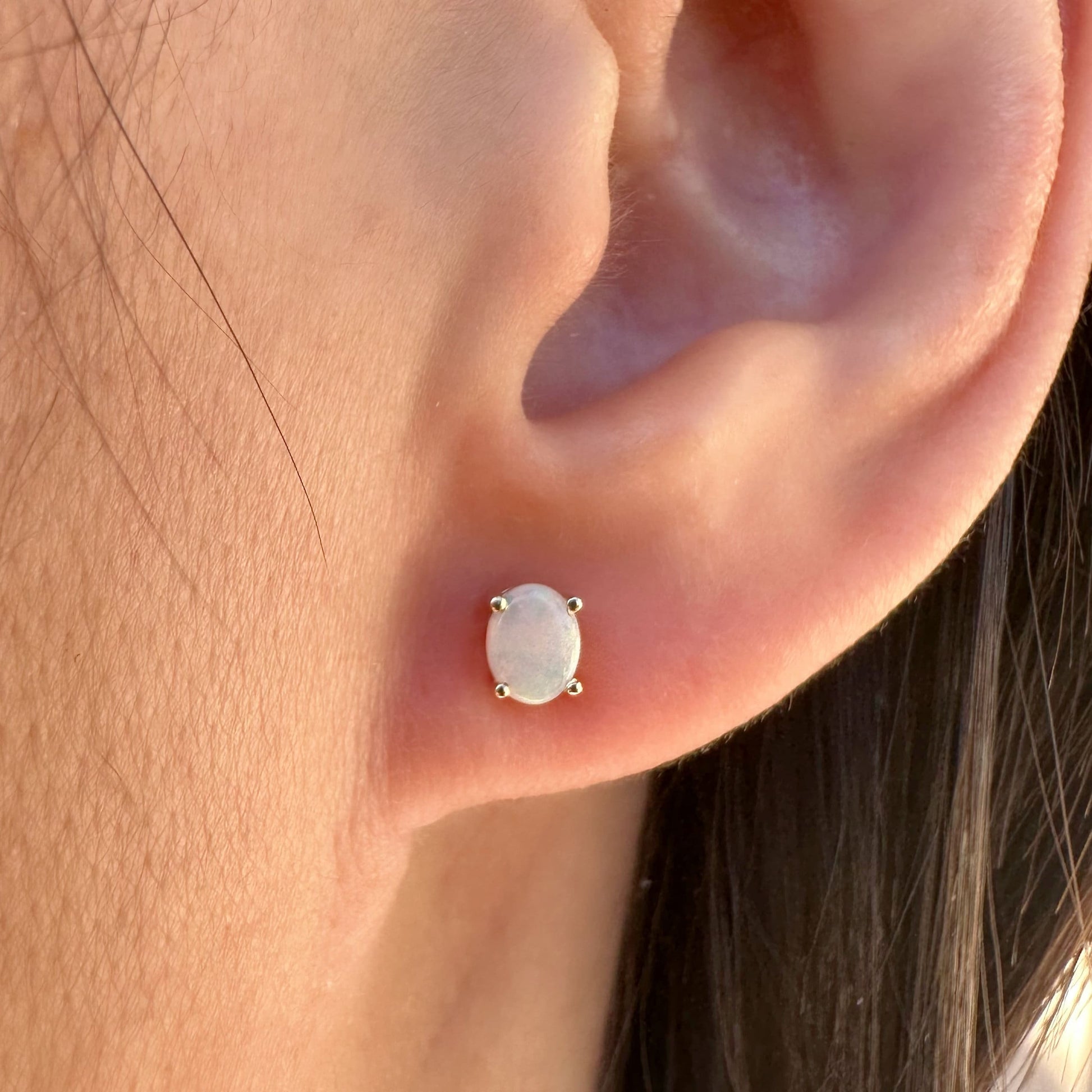 14K Solid Gold Genuine Opal Oval Studs/Pair