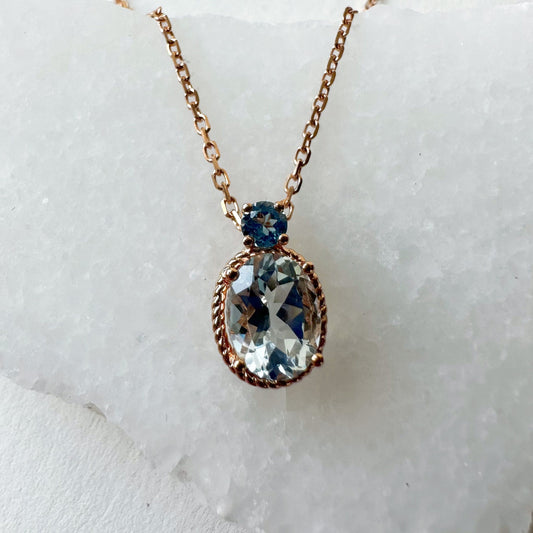 18K Solid Rose Gold Aquamarine and Blue Topaz Necklace