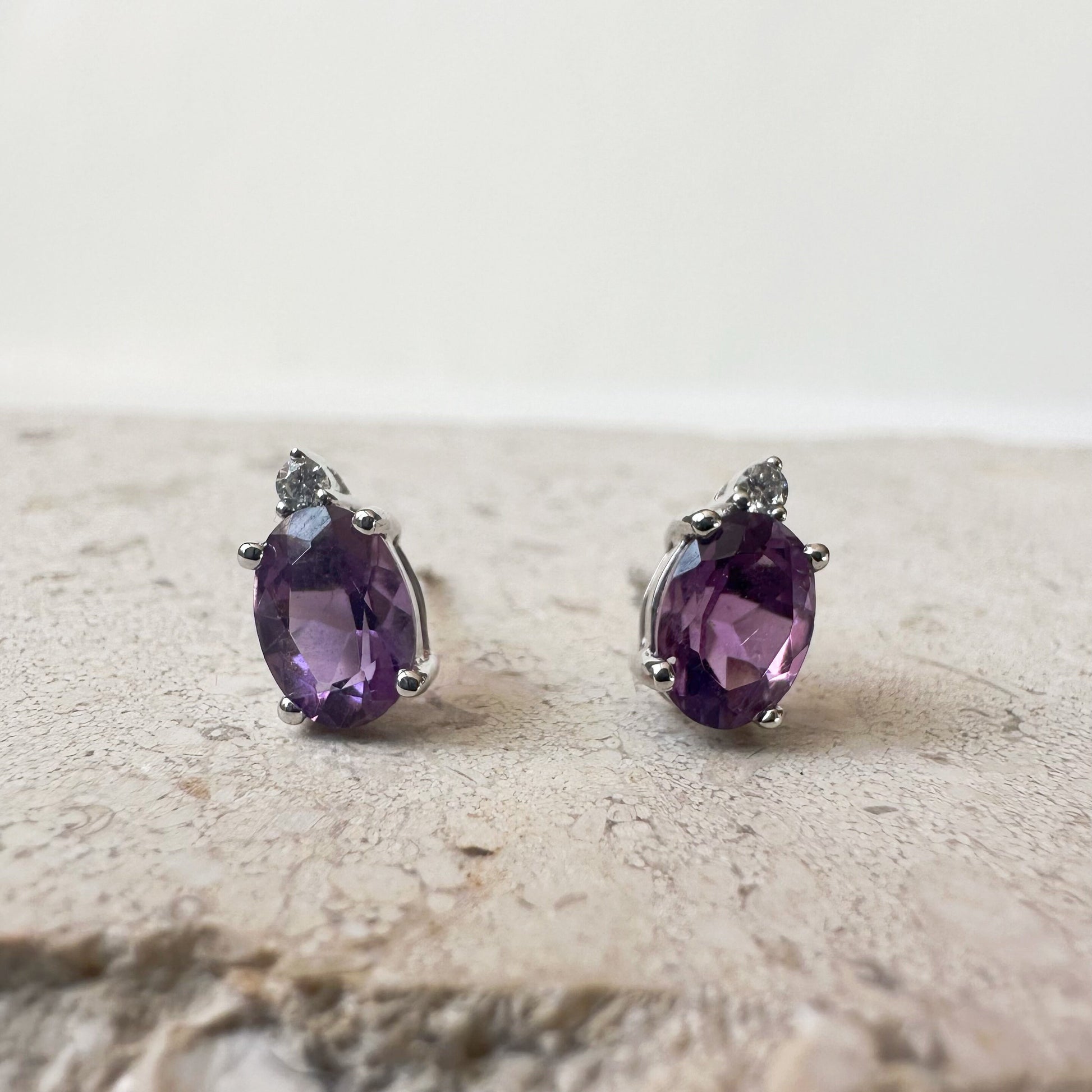 14K Solid Gold Genuine Amethyst and Diamond Studs/Pair