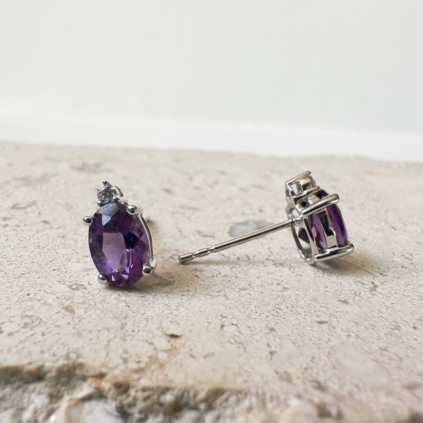 14K Solid Gold Genuine Amethyst and Diamond Studs/Pair