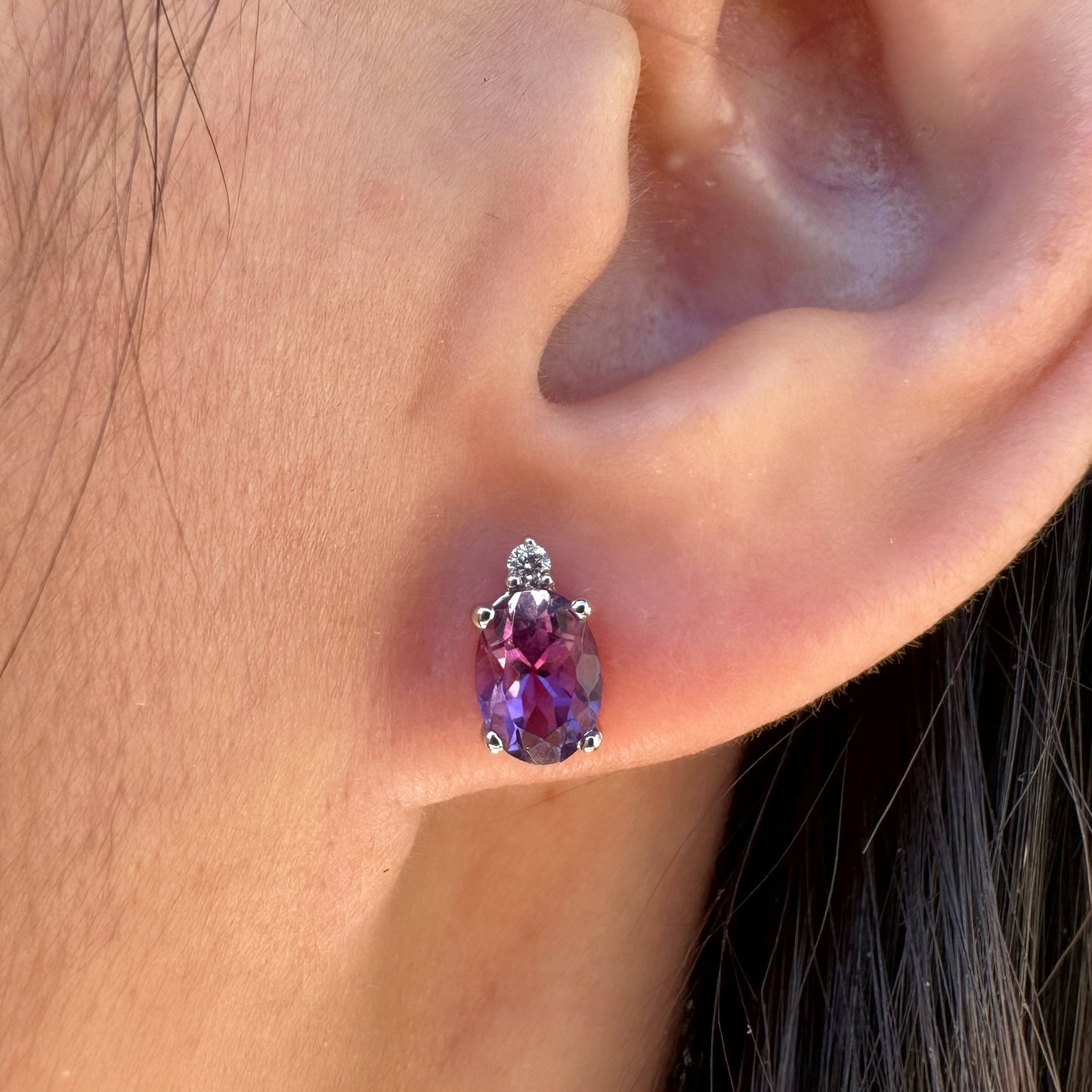 14K Solid Gold Genuine Amethyst and Diamond Studs/Pair