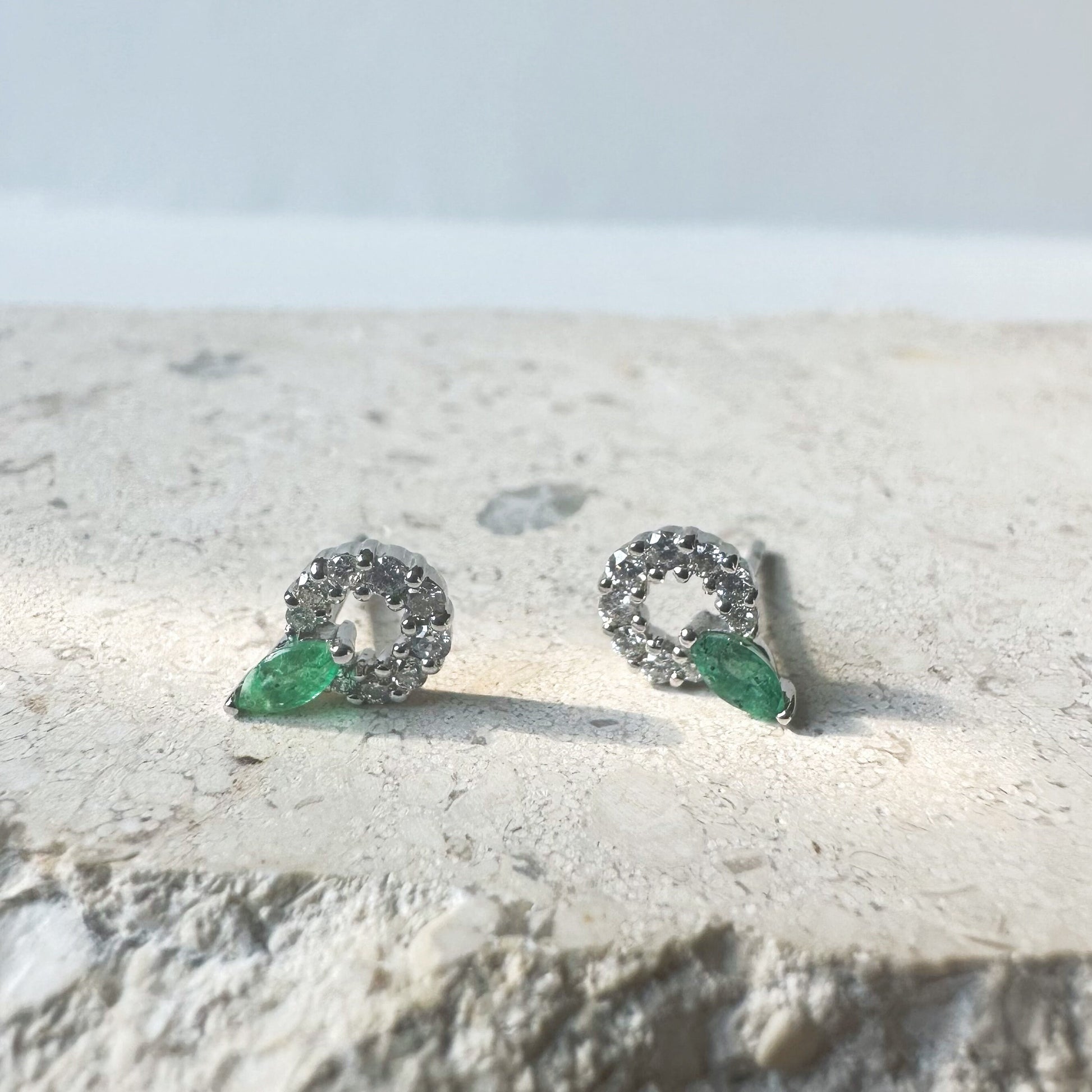 14K Solid Gold Genuine Emerald and Diamond Halo Studs/Pair