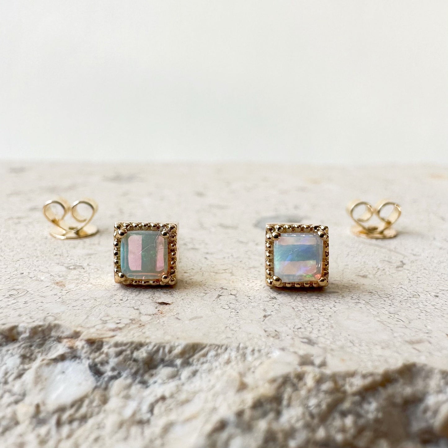 14K Solid Gold Genuine Opal Square Fancy Studs/Pair