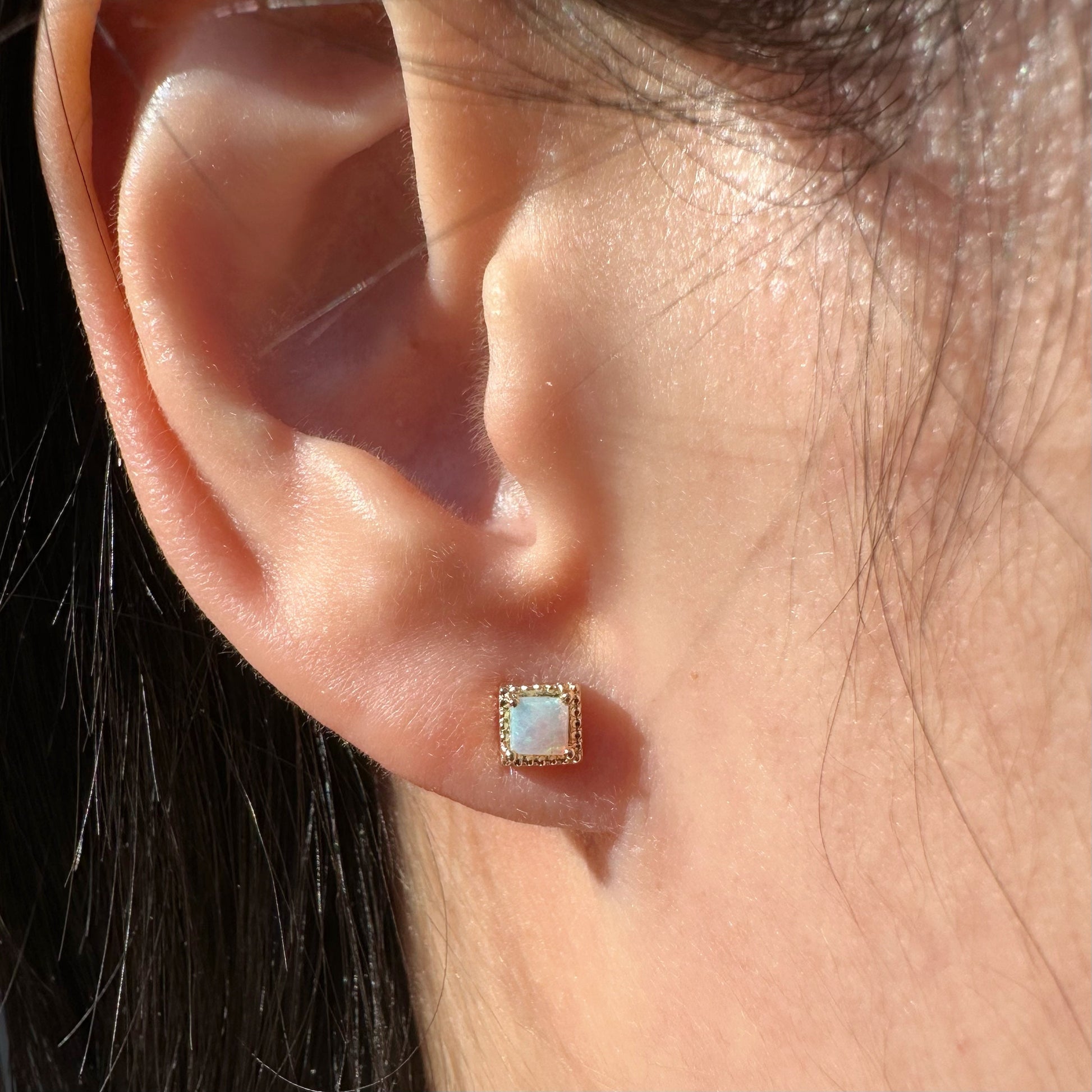 14K Solid Gold Genuine Opal Square Fancy Studs/Pair