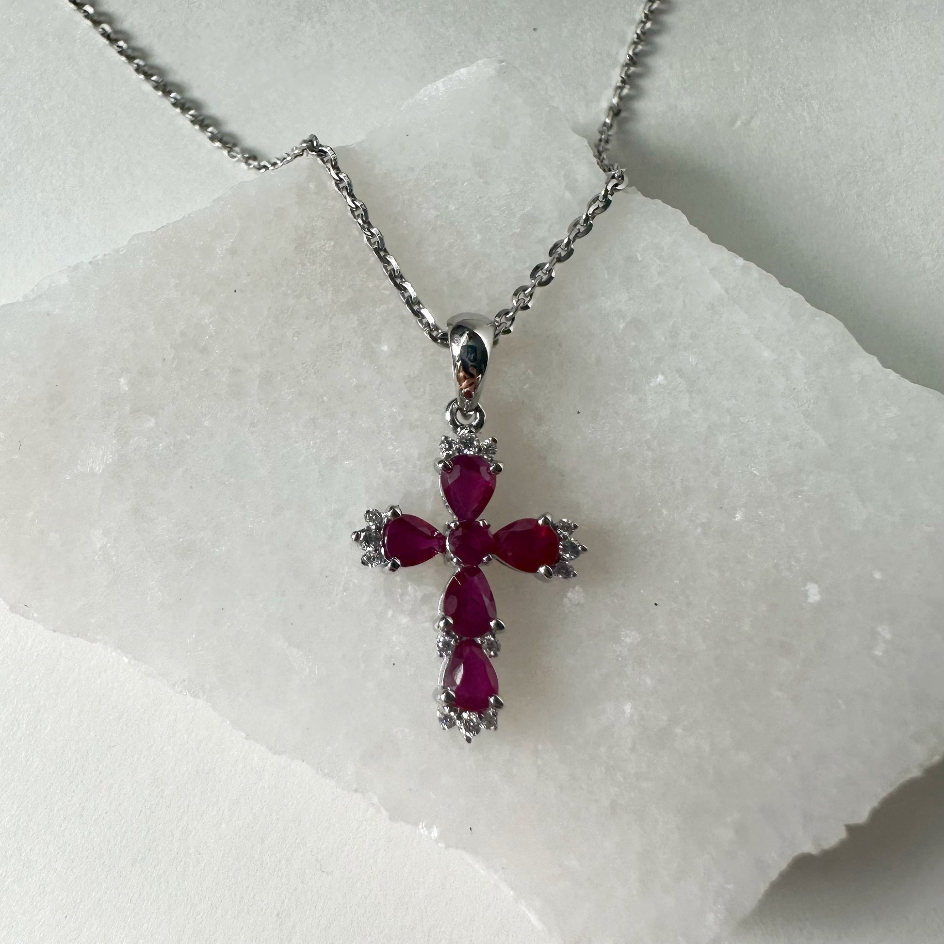 14K Solid Gold Genuine Ruby and Diamond Cross Pendant (pendant only)