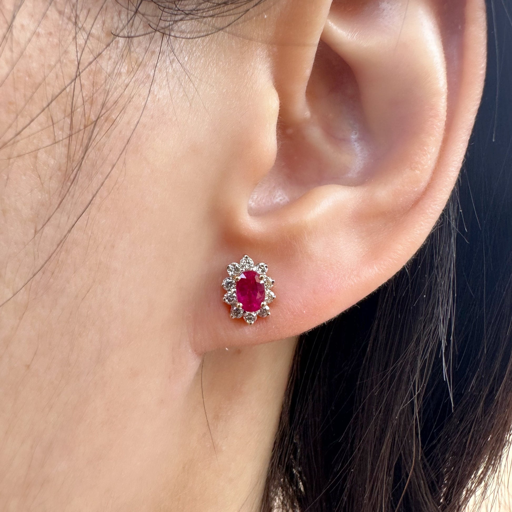 14K Solid Gold Genuine Ruby and Diamond Halo Studs/Pair